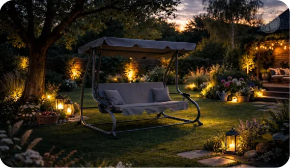 Huśtawka ogrodowa HIPPER. Monte Carlo w klimatycznym ogrodzie po zmierzchu